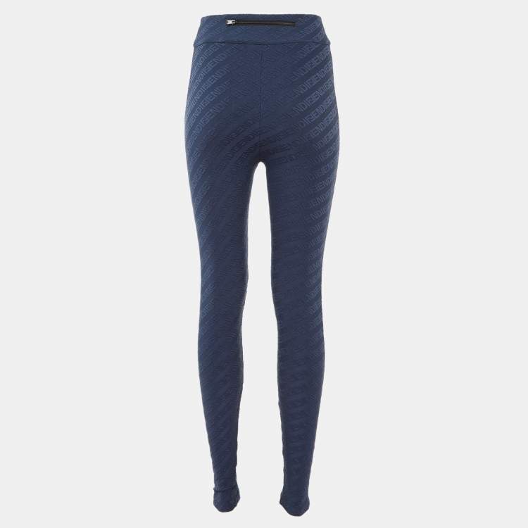 Pre Owned Fendi Navy Blue FF Logo Jacquard Knit Leggings S