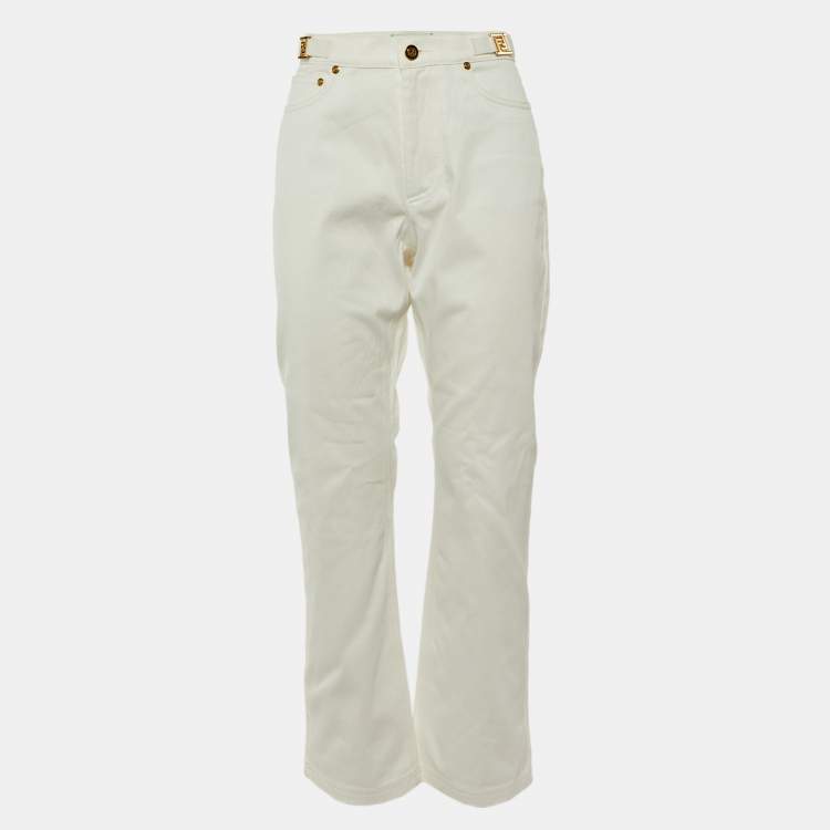 Pre Owned Fendi White Denim FF Detail Straight Fit Jeans M/Waist 30"