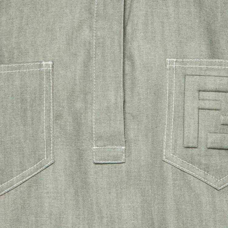 Pre Owned Fendi Grey Cotton FF Pocket Detail Half Placket Top S