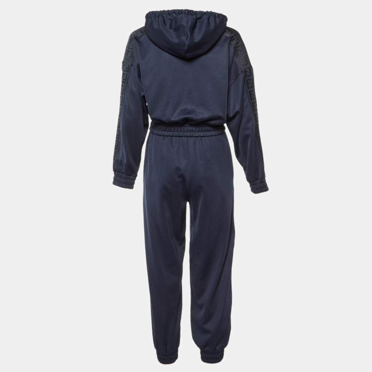 Pre Owned Fendi Navy Blue Jersey Cropped Hoodie & Trousers Set S
