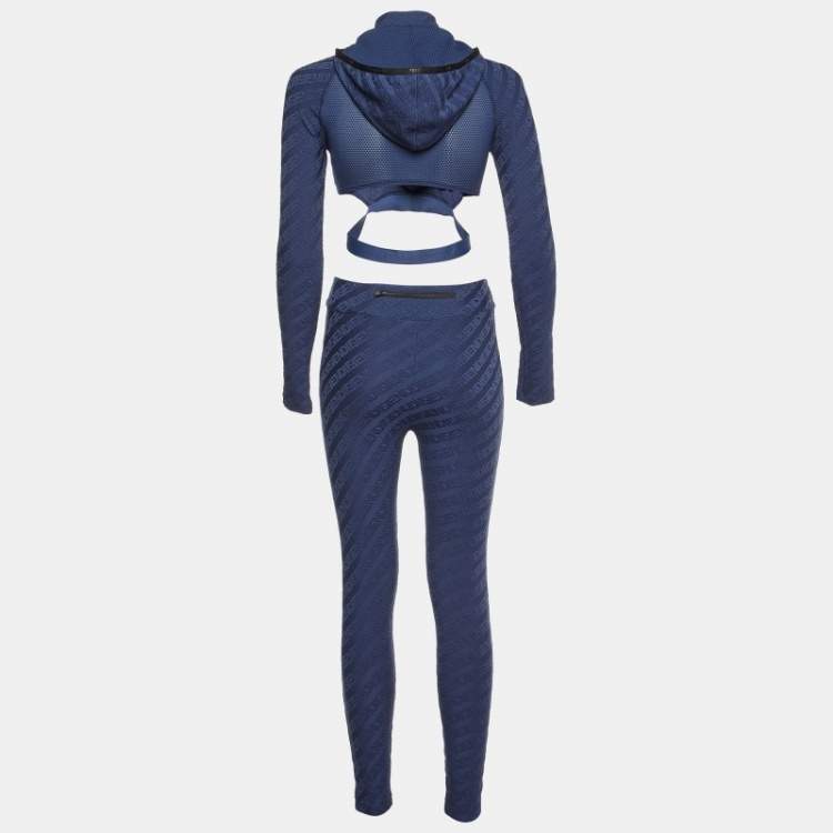 Pre Owned Fendi Navy Blue FF Logo Jersey Crop Top & Leggings Set S/M 