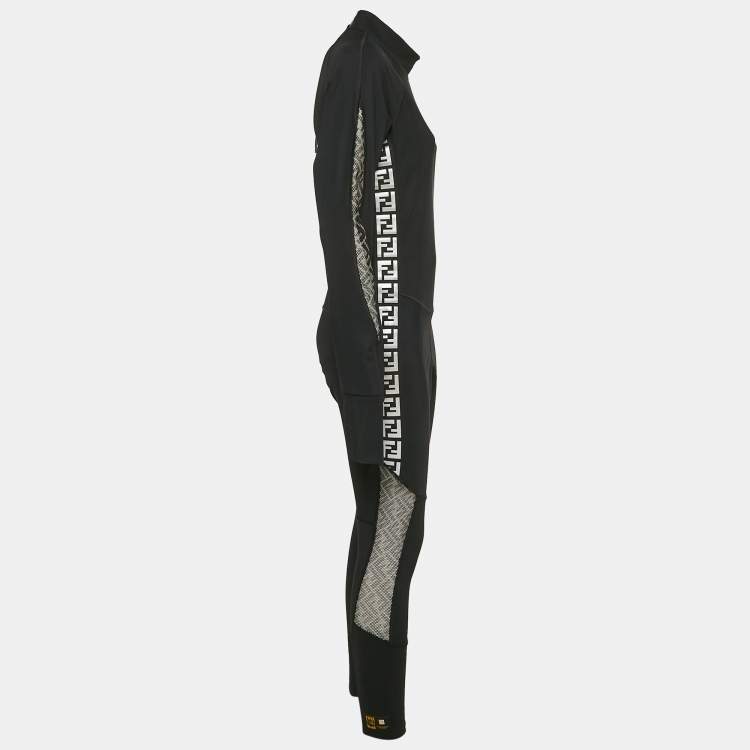 Pre Owned Fendi Black FF Logo Print Jersey Trimmed Jumpsuit M