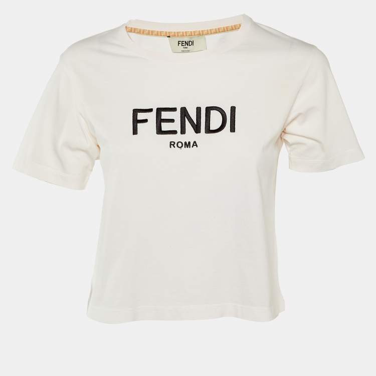 Pre Owned Fendi Pink Logo Embroidered Jersey Crop T-Shirt S