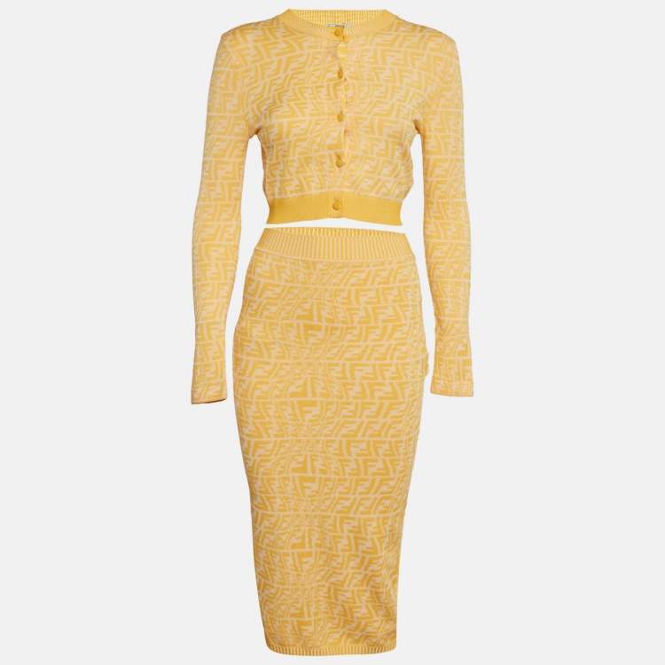 Pre Owned Fendi Yellow Logo Pattern Knit Button Front Cardigan and Skirt Set S/XS