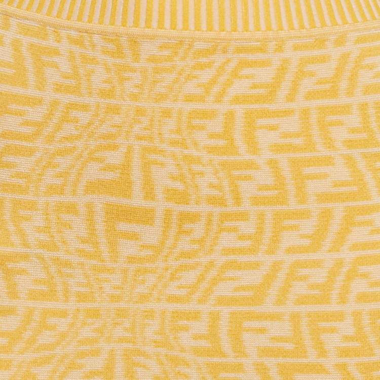 Pre Owned Fendi Yellow Logo Pattern Knit Button Front Cardigan and Skirt Set S/XS