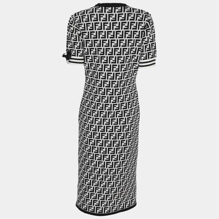 Pre Owned Fendi Black/White Zucca Jacquard Knit Bodycon Midi Dress M