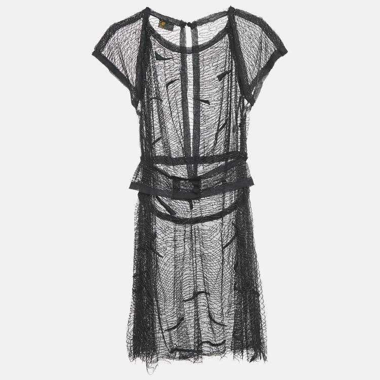 Pre Owned Fendi Black Embroidered Tulle Metal Embellished Sheer Mini Dress M