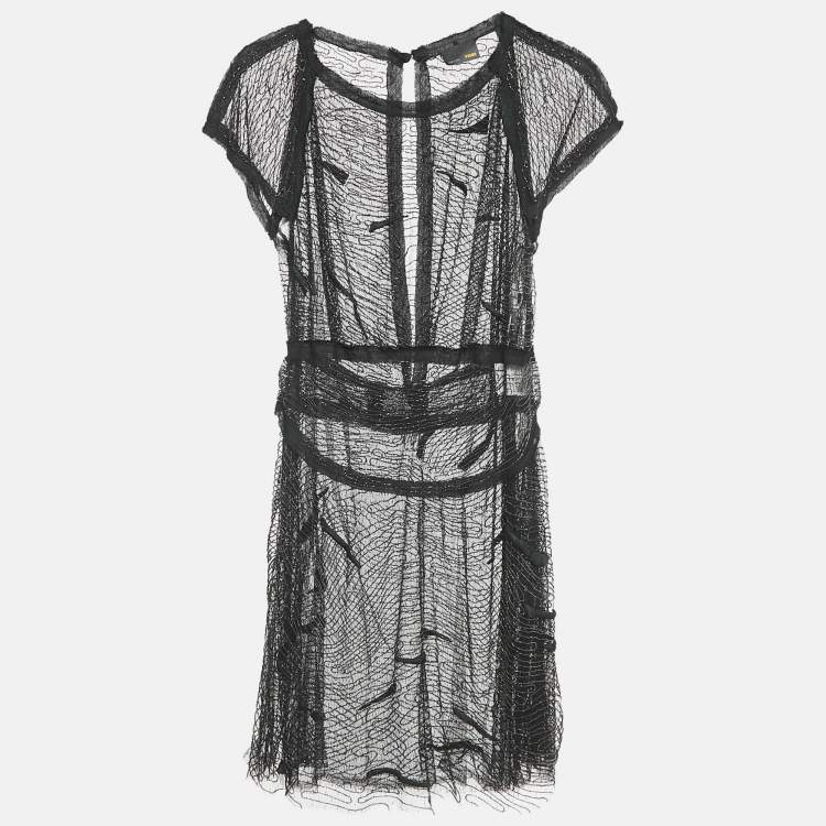 Pre Owned Fendi Black Embroidered Tulle Metal Embellished Sheer Mini Dress M
