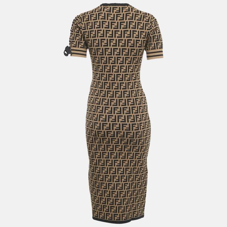 Pre Owned Fendi Brown/Black Zucca Jacquard Knit Bodycon Midi Dress S
