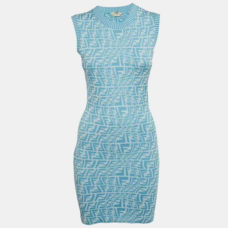 Pre Owned Fendi Blue/White Zucca Jacquard Knit Bodycon Midi Dress S
