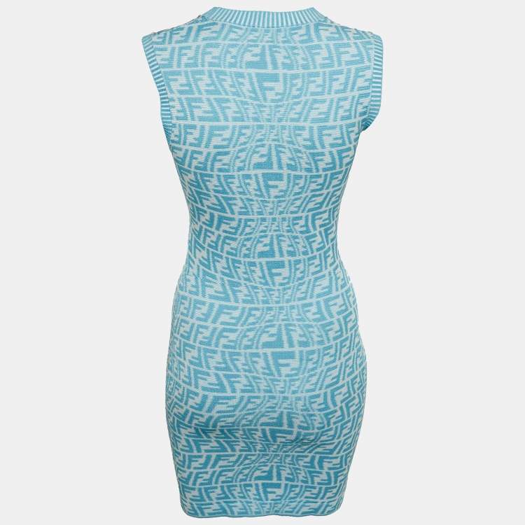 Pre Owned Fendi Blue/White Zucca Jacquard Knit Bodycon Midi Dress S