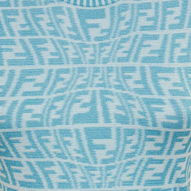 Pre Owned Fendi Blue/White Zucca Jacquard Knit Bodycon Midi Dress S