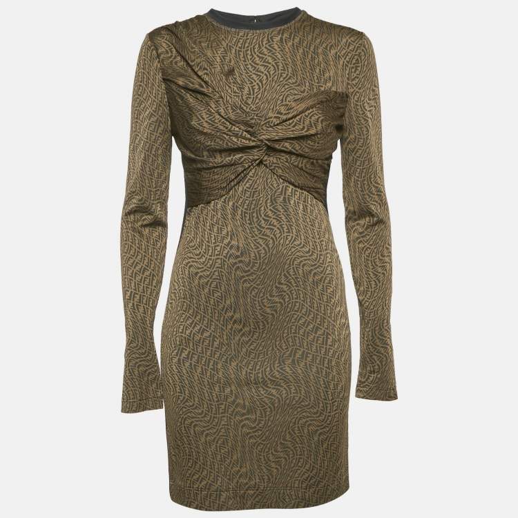 Pre Owned Fendi x Sarah Coleman Brown FF Vertigo Jersey Twist Detail Mini Dress M