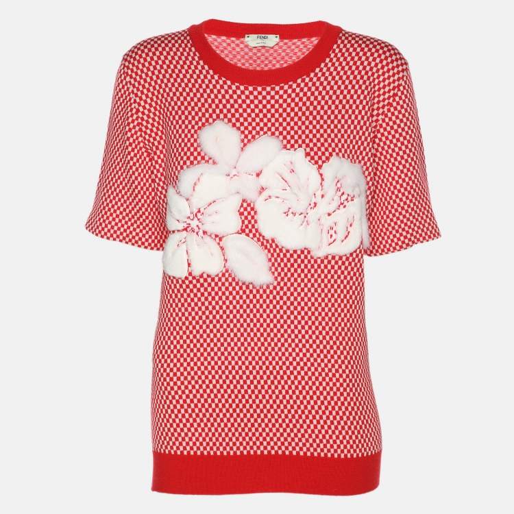 Pre Owned Fendi Red/White Check Knit Wool Cotton Applique Sweater M