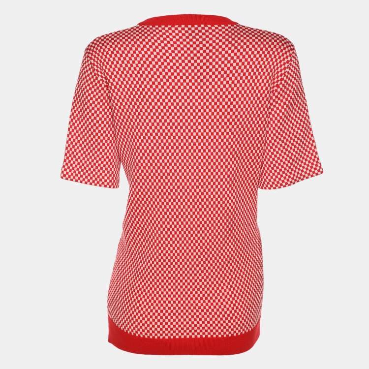 Pre Owned Fendi Red/White Check Knit Wool Cotton Applique Sweater M