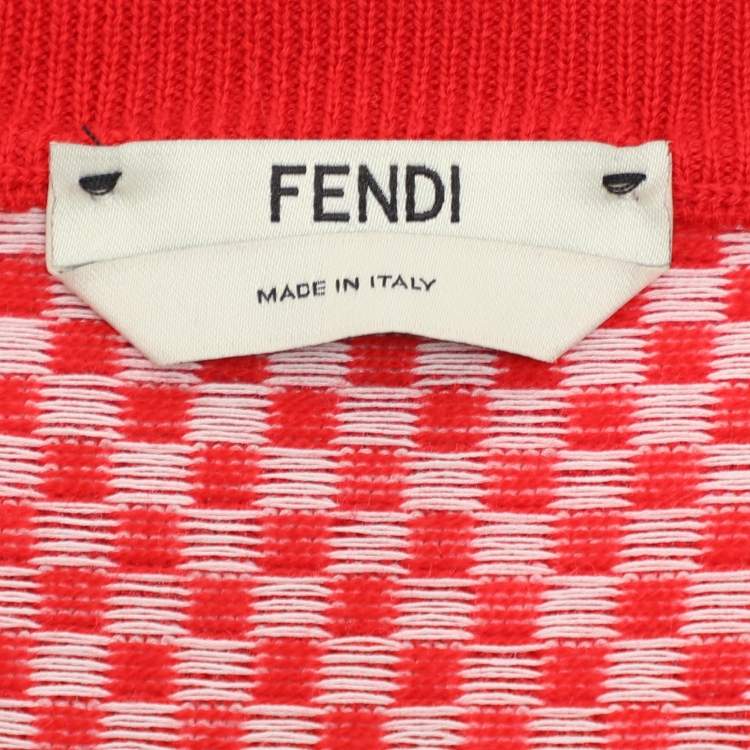 Pre Owned Fendi Red/White Check Knit Wool Cotton Applique Sweater M