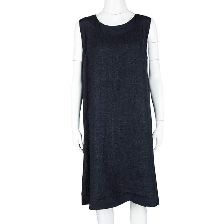 Pre Owned Fendi Navy Blue Silk Textured Panel Detail Sleeveless Shift Dress L
