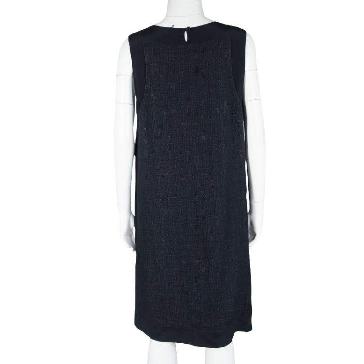 Pre Owned Fendi Navy Blue Silk Textured Panel Detail Sleeveless Shift Dress L