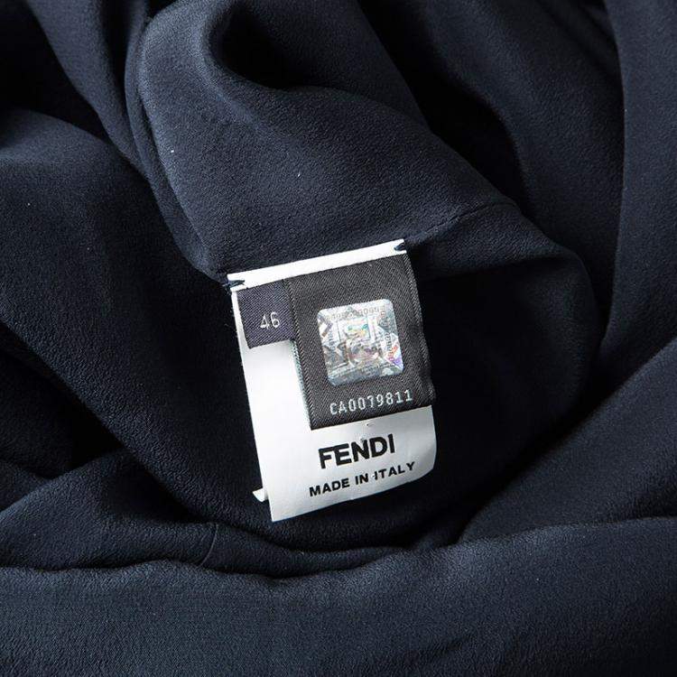 Pre Owned Fendi Navy Blue Silk Textured Panel Detail Sleeveless Shift Dress L