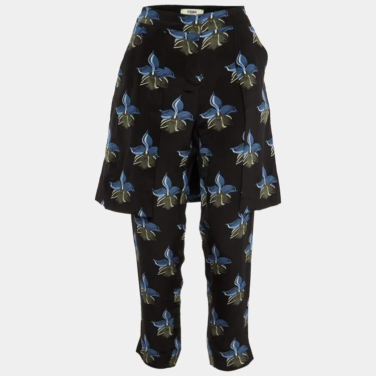 Pre Owned Fendi Black Floral Print Silk Overlay Trousers S