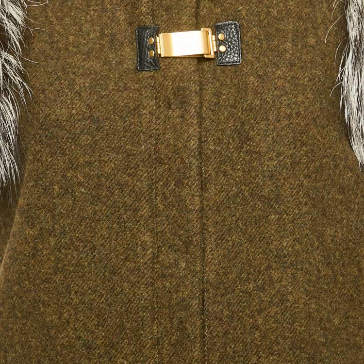 Pre Owned Fendi Green Wool and Fur Trim Jacket and Leggings Set M/S