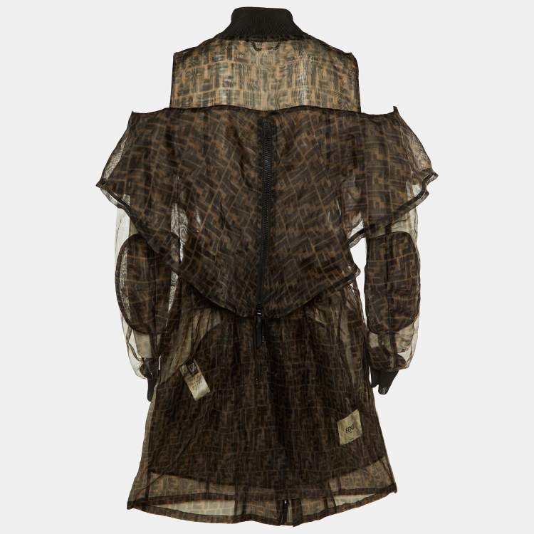 Pre Owned Fendi Brown Zucca Monogram Organza Sheer Cold Shoulder Coat S