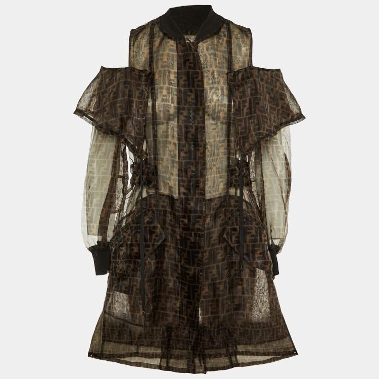 Pre Owned Fendi Brown Zucca Monogram Organza Sheer Cold Shoulder Coat S