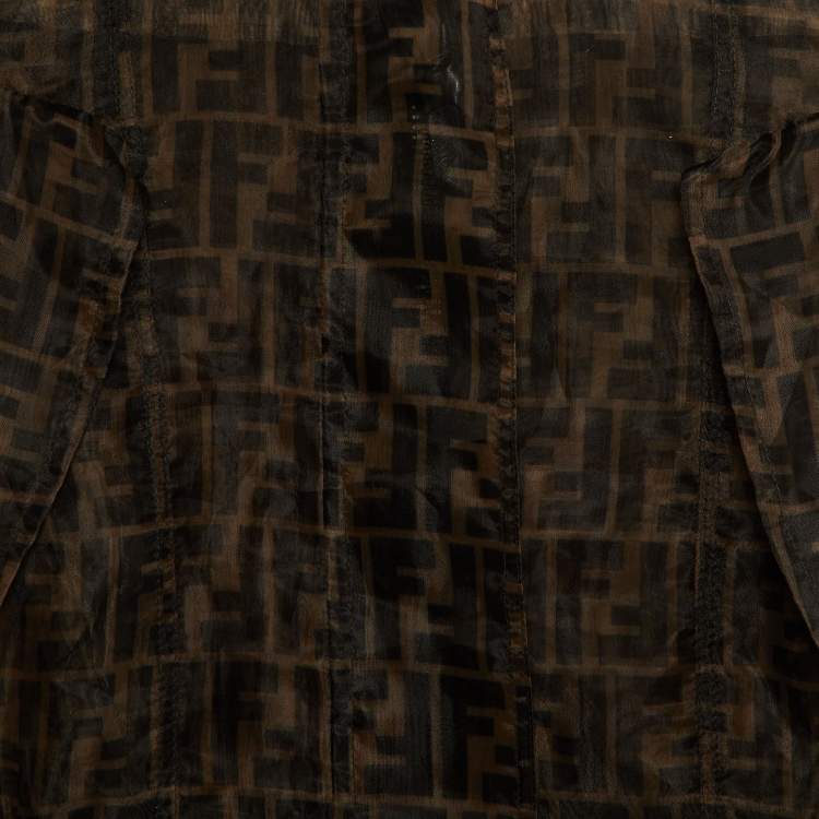 Pre Owned Fendi Brown Zucca Monogram Organza Sheer Cold Shoulder Coat S