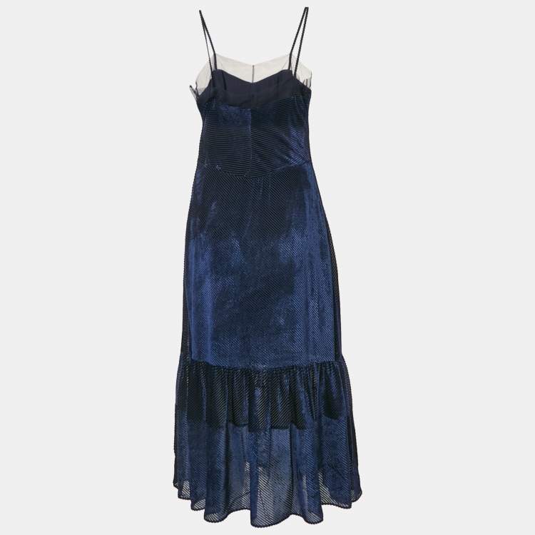 Pre Owned Fendi Navy Blue Diagonal Stripe Velvet Flounce Long Dress S