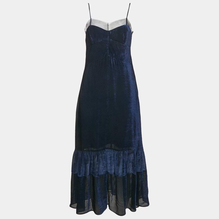 Pre Owned Fendi Navy Blue Diagonal Stripe Velvet Flounce Long Dress S