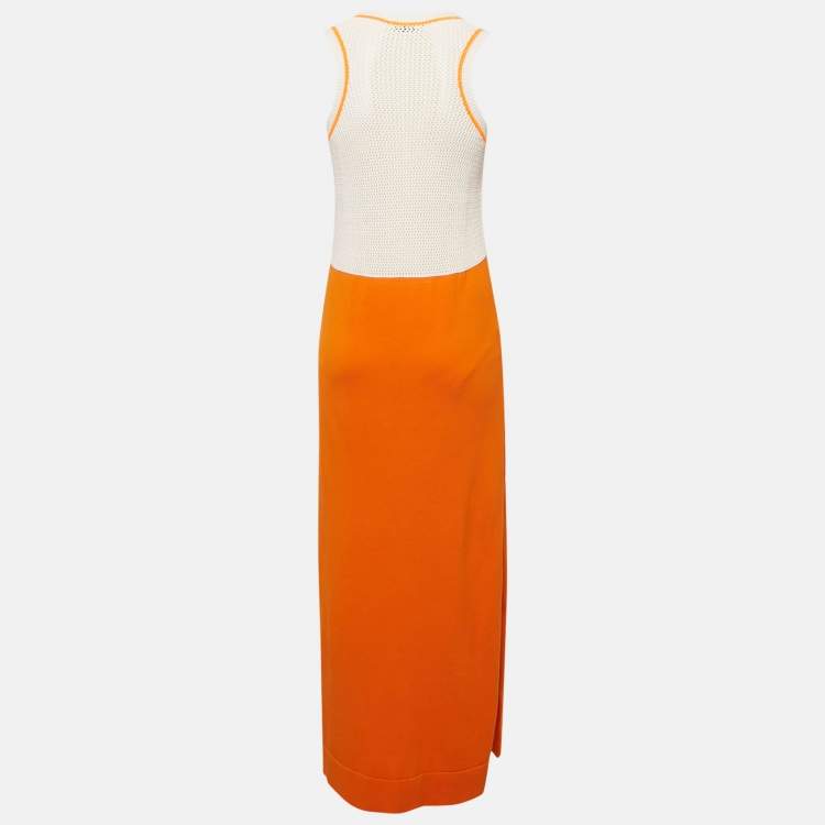Pre Owned Fendi Orange Logo Print Knit Mesh Panel Detail Sleeveless Long Dress S