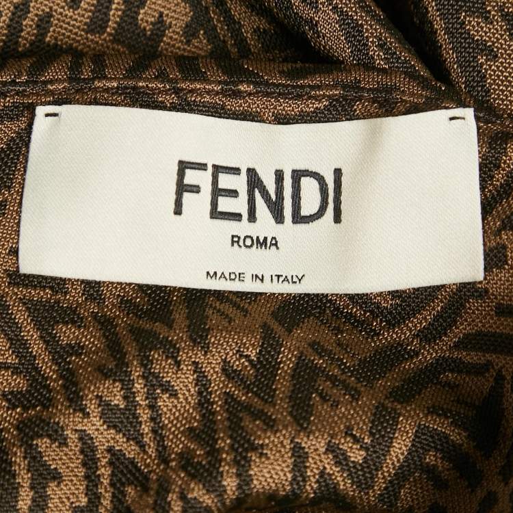 Pre Owned Fendi Brown Monogram Jacquard Knit Ruched Midi Dress S