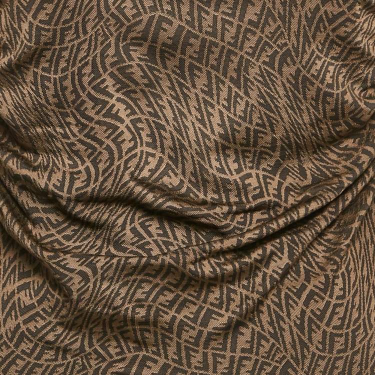 Pre Owned Fendi Brown Monogram Jacquard Knit Ruched Midi Dress S