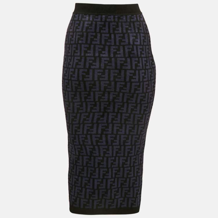 Pre Owned Fendi Navy Blue Zucca Stretch Velvet Pencil Skirt S