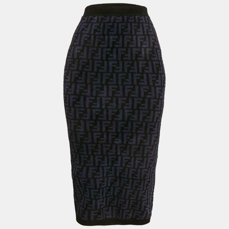 Pre Owned Fendi Navy Blue Zucca Stretch Velvet Pencil Skirt S