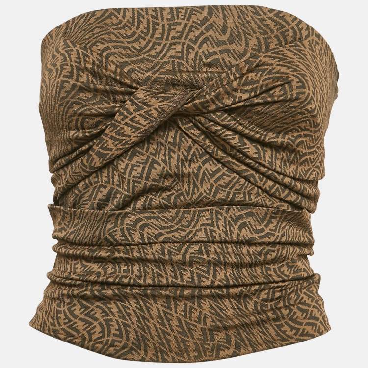 Pre Owned Fendi Brown FF Zucca Monogram Jacquard Knit Strapless Crop Top S