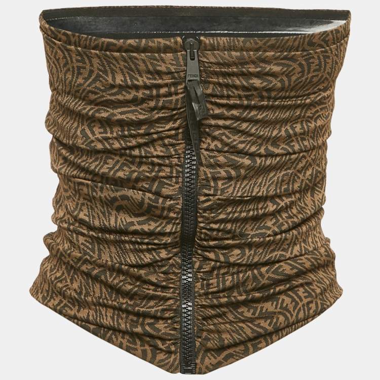 Pre Owned Fendi Brown FF Zucca Monogram Jacquard Knit Strapless Crop Top S