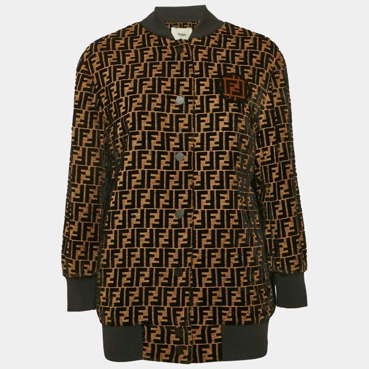 Pre Owned Fendi Black/Brown FF Logo Velvet Bomber Jacket S 