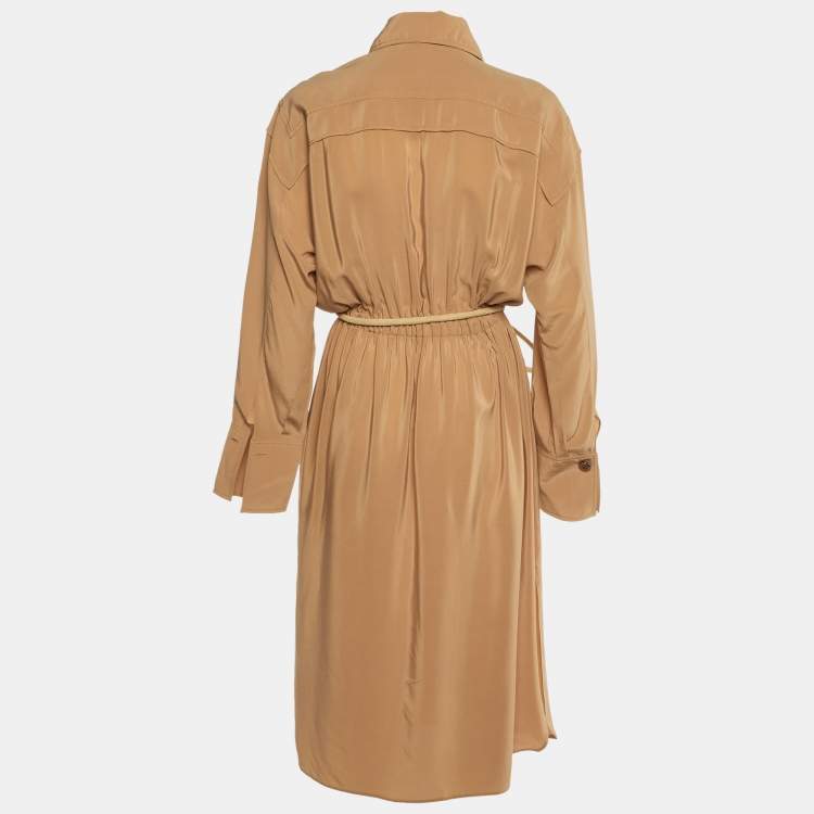 Pre Owned Fendi Beige Silk Crepe Belted Shirt Dress M