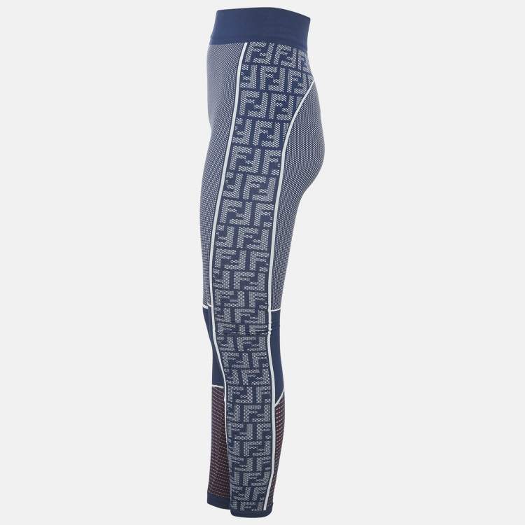Pre Owned Fendi Blue Patterned Technical Jersey Leggings S