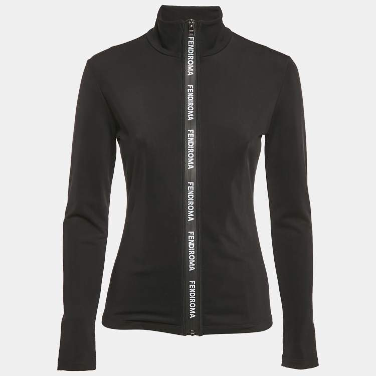 Pre Owned Fendi Black Jersey Logo Band Detail Zip-Up Jacket S