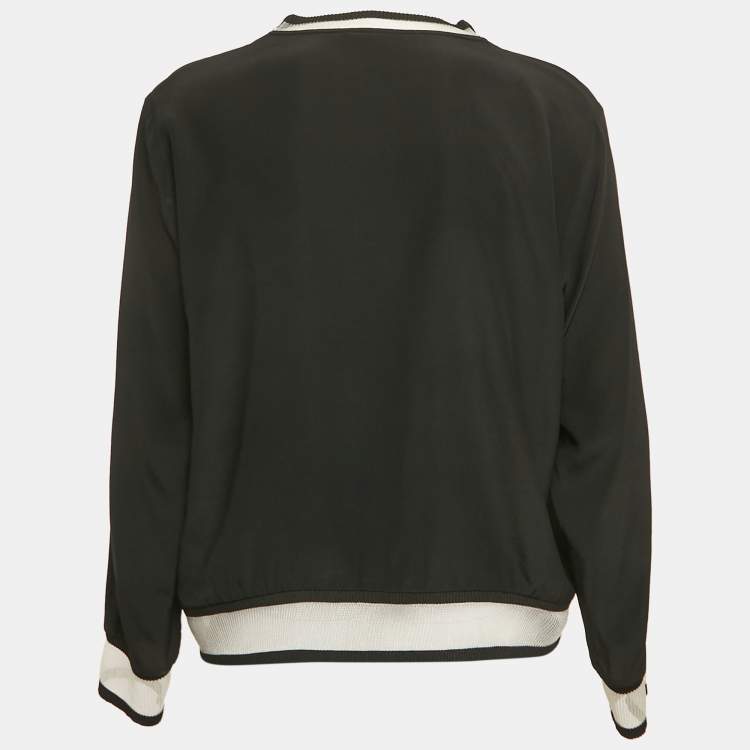 Pre Owned Fendi Black Silk & Fur Detail Long Sleeve Top M