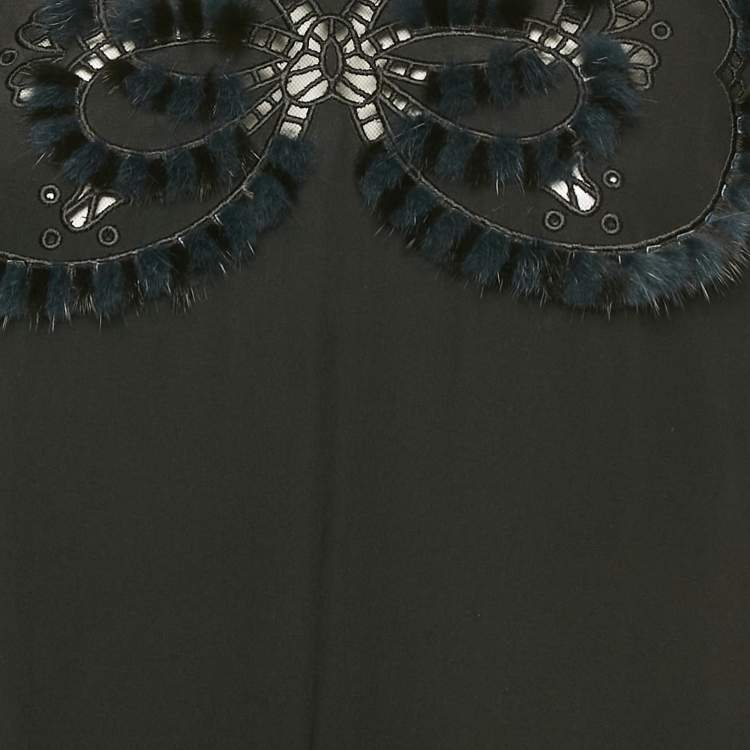 Pre Owned Fendi Black Silk & Fur Detail Long Sleeve Top M