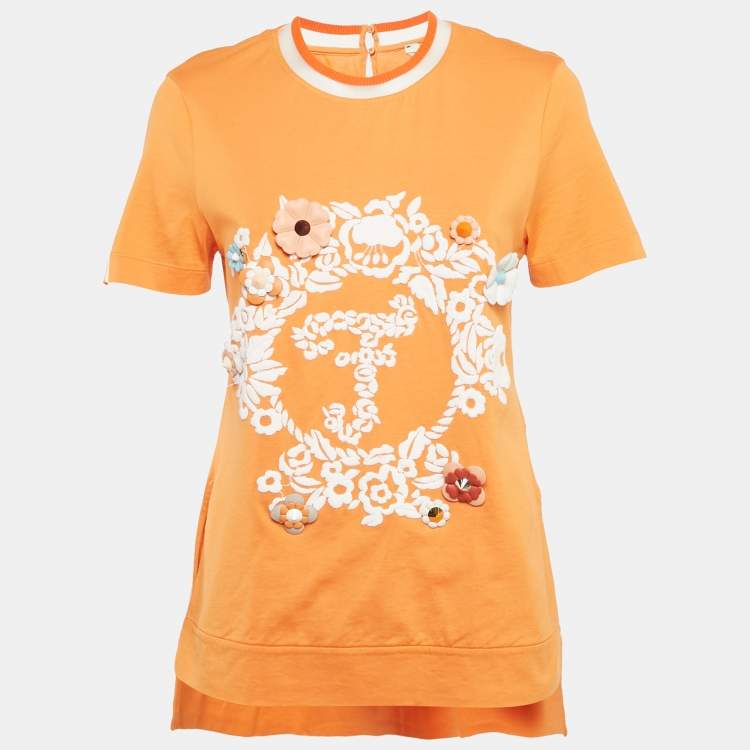 Pre Owned Fendi Orange Cotton Flowerland Embroidered T-Shirt S