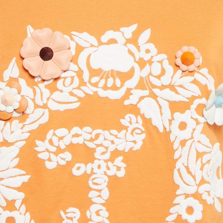 Pre Owned Fendi Orange Cotton Flowerland Embroidered T-Shirt S