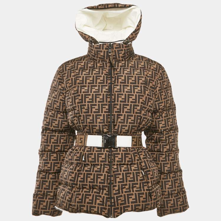 Pre Owned Fendi Brown FF Nylon Belted Down Jacket S
