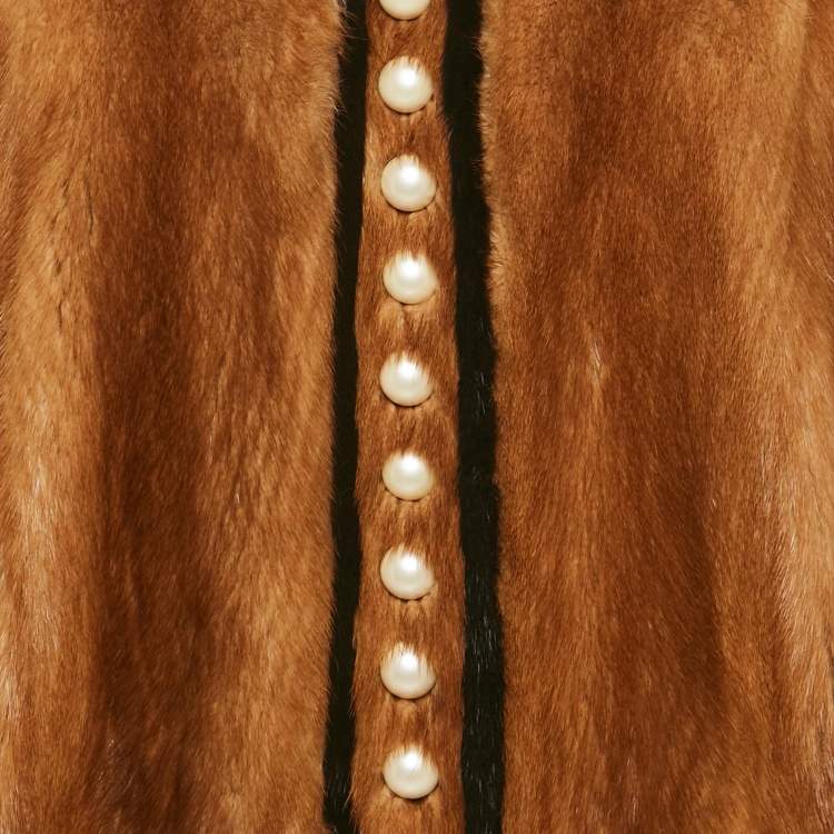 Pre Owned Fendi Brown Pearl Detail Mink Fur Zip-Up Jacket S