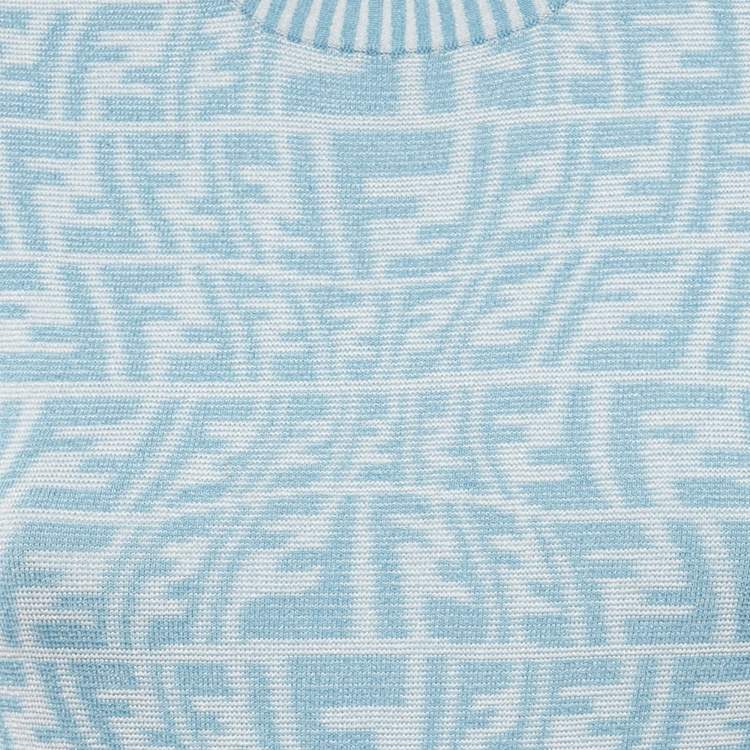 Pre Owned Fendi Blue FF Zucca Monogram Intarsia Knit Sleeveless Mini Dress S