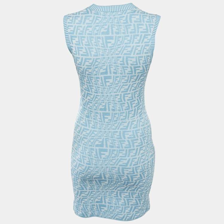Pre Owned Fendi Blue FF Zucca Monogram Intarsia Knit Sleeveless Mini Dress S