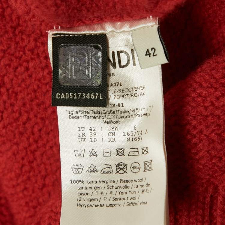 Pre Owned Fendi Red Logo Intarsia Wool Knit Turtle Neck Sweater M